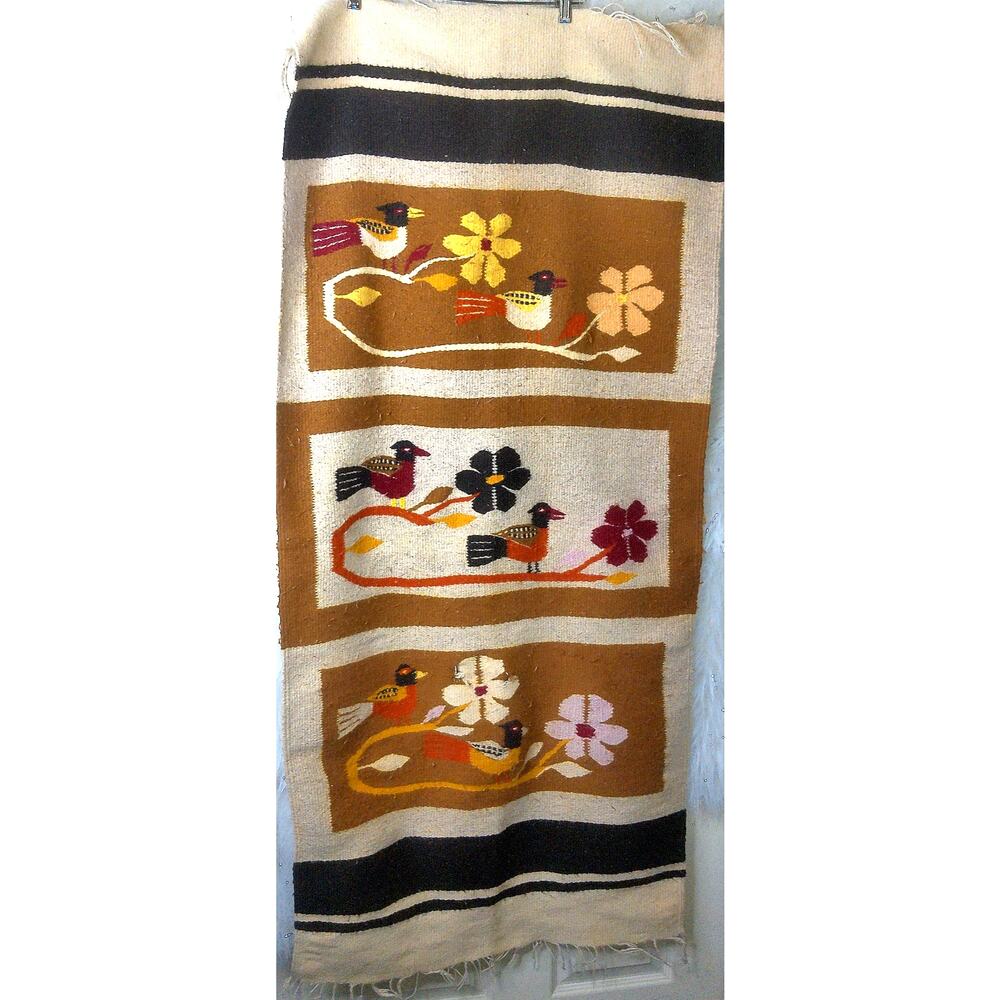 Vintage Zapotec Hand Woven Wool Textile Art Oaxaca Mexico Bird Wall Hanging